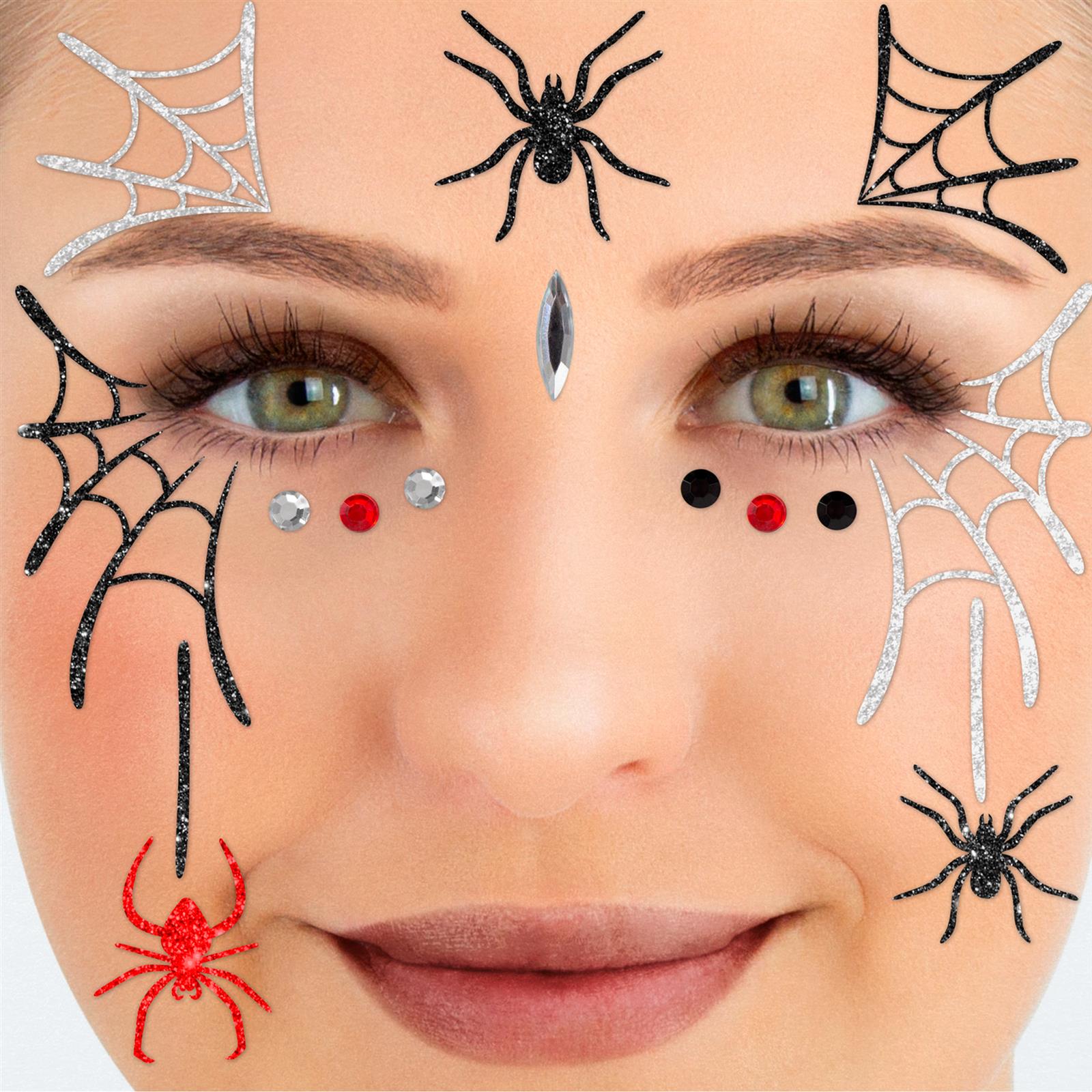 Face Tattoo spiders for Halloween silver black red glitter