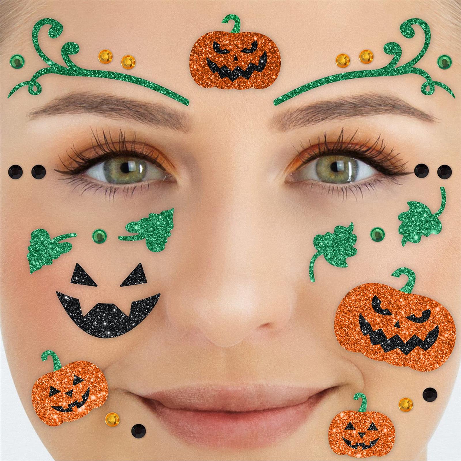 Face Tattoo pumpkin for Halloween orange green glitter