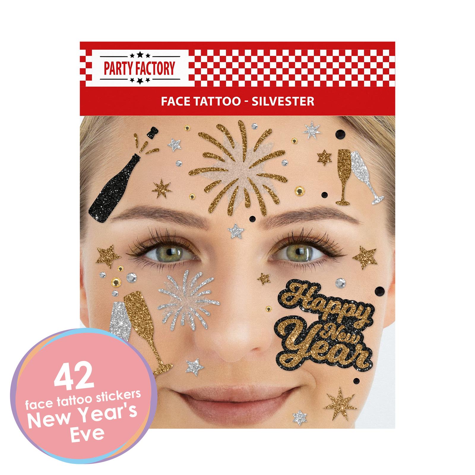 Face Tattoo Happy New Year HNY makeup alternative gold silver black glitter 2