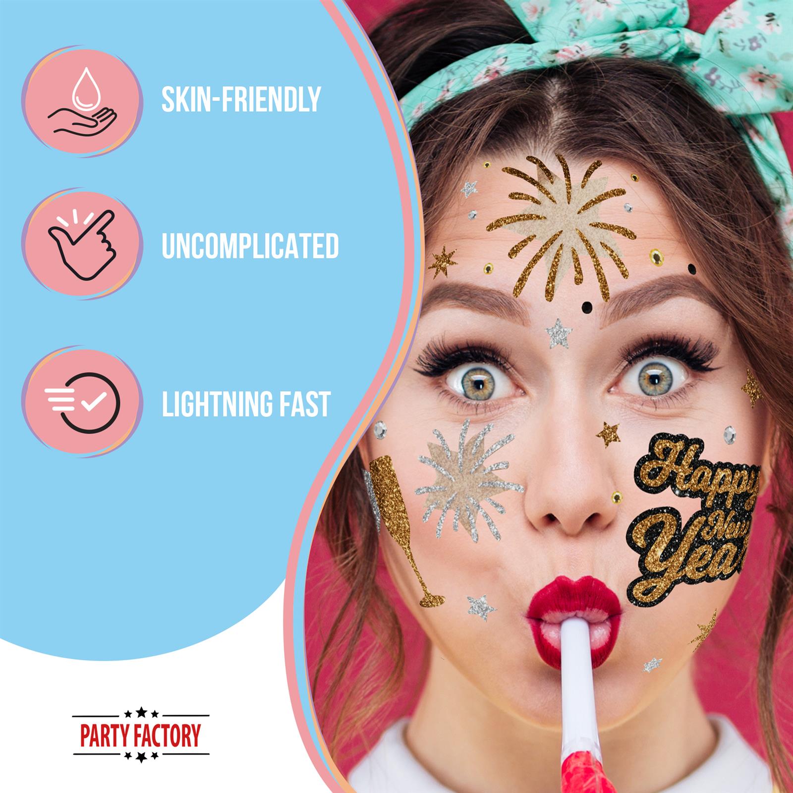 Face Tattoo Happy New Year HNY makeup alternative gold silver black glitter 4