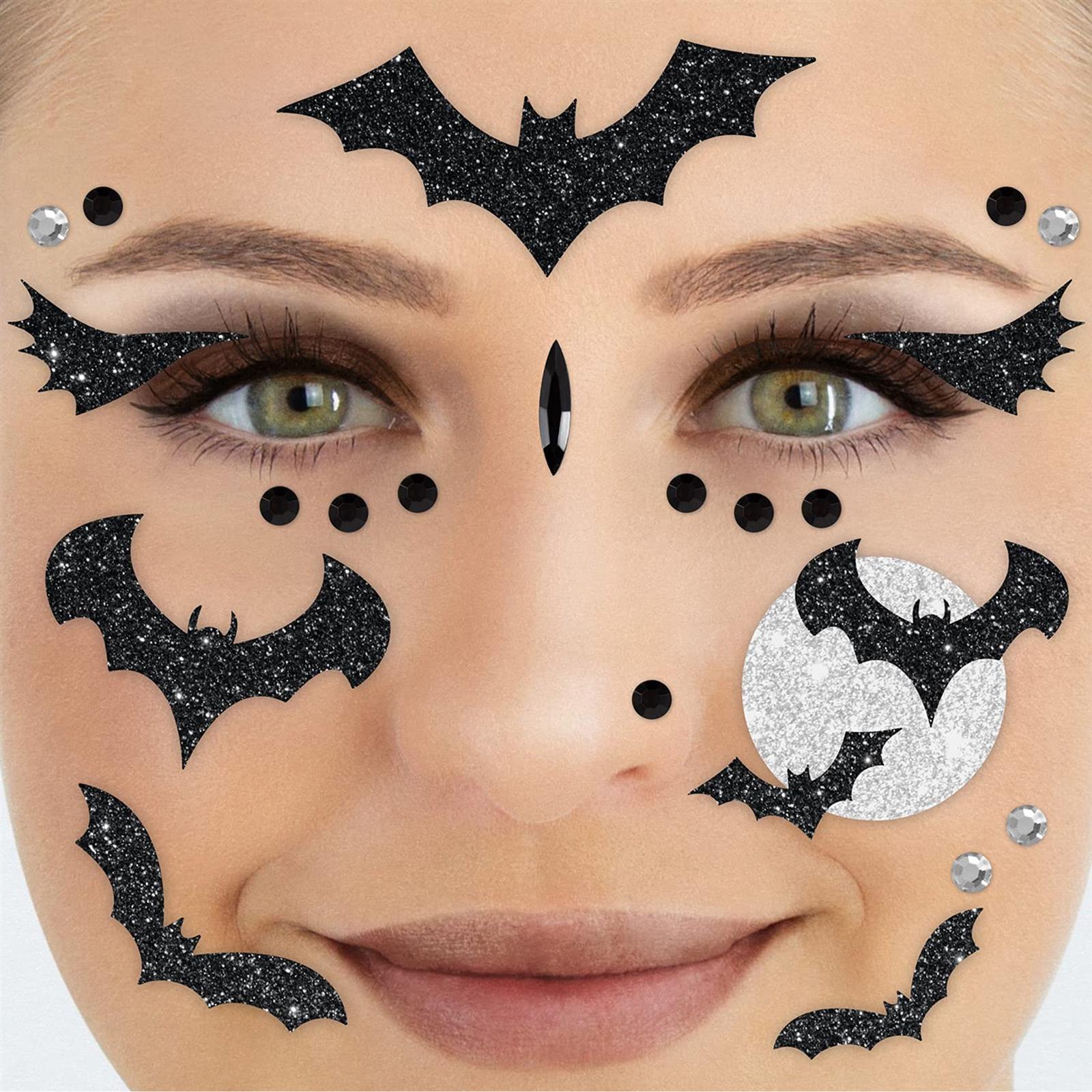 Face Tattoo bat for Halloween black silver glitter