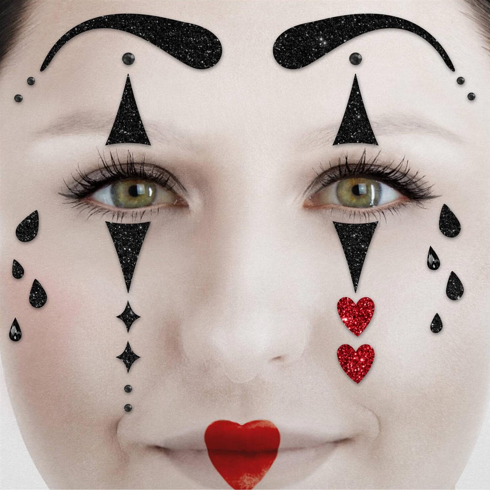 Vintage Face Tattoo harlequin white black red glitter