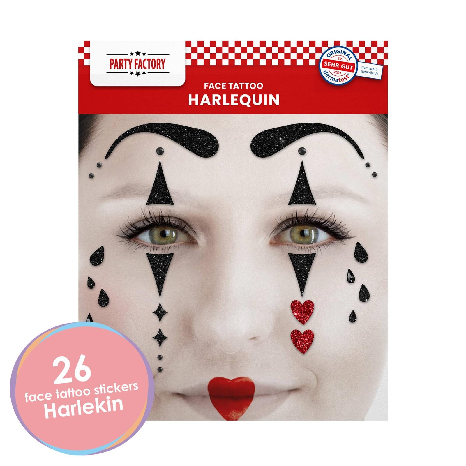 Vintage Face Tattoo harlequin white black red glitter 2